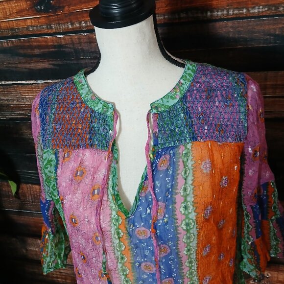 Anthropologie Akemi + Kin Peasant Top S Sheer Lyocell Bell Sleeve Patchwork - Picture 3 of 9